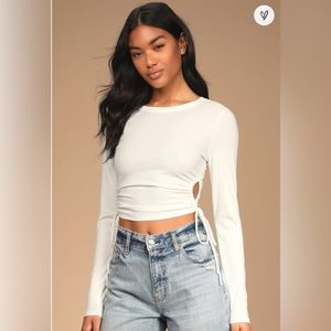 Lulu’s Feeling Lucky White Drawstring Ruched Cutout Long Sleeve Top